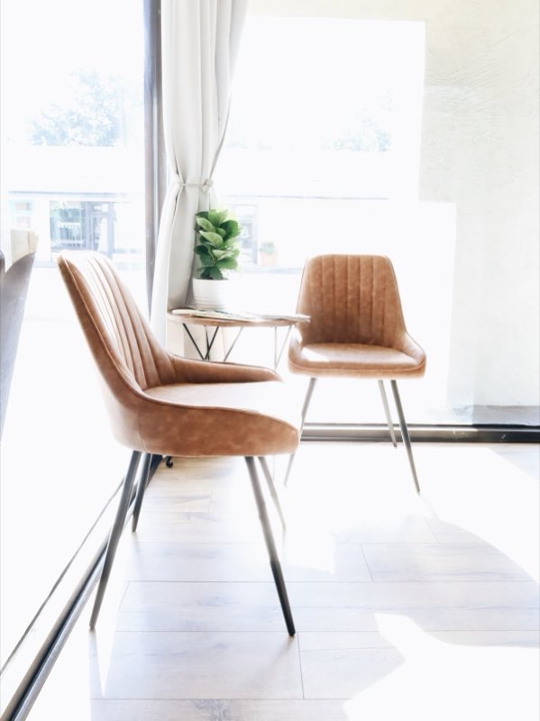 Sunlit waiting area with tan leather chairs and a plant